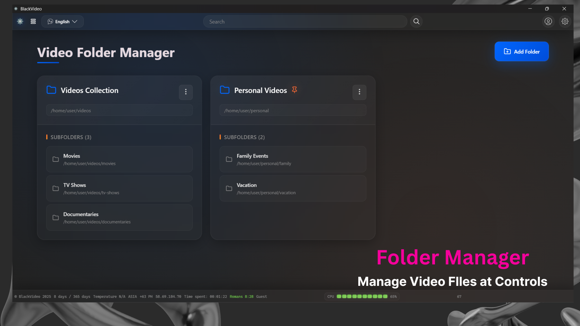 BlackVideo app screenshot showing the main video player interface with dark theme and playback controls