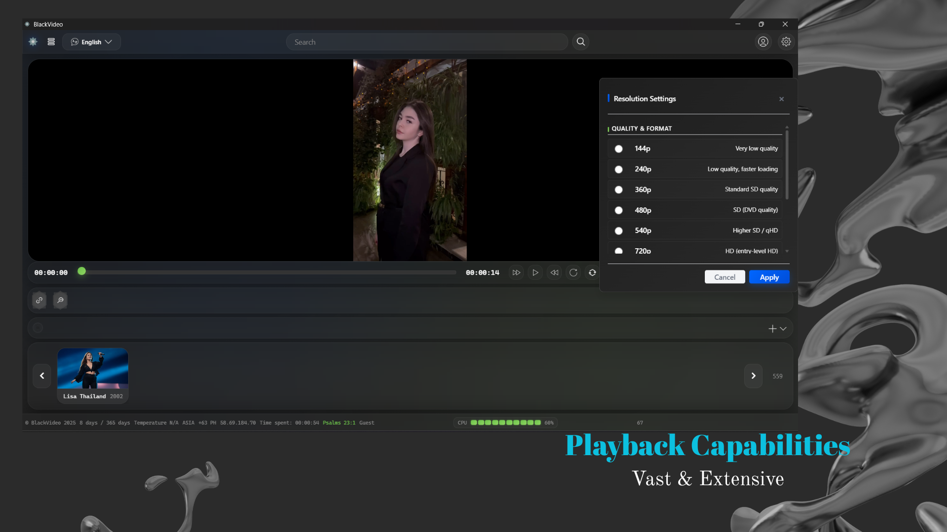 BlackVideo app screenshot showing video library and playlist management with dark UI